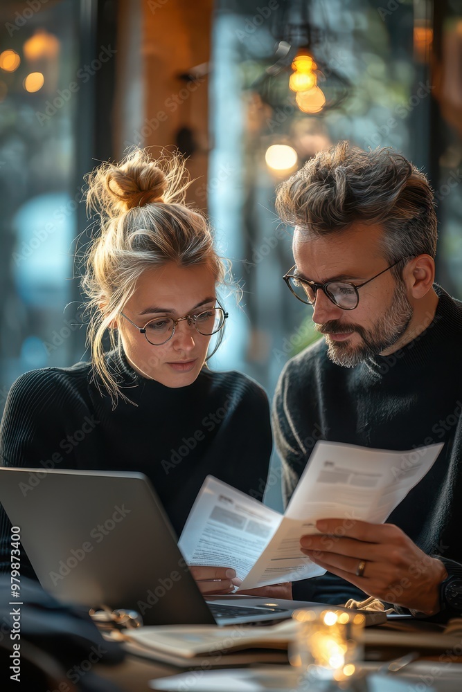 Focused man and woman in their thirties working together at a cozy cafe setting with documents and a laptop Focused man and woman in their thirties working together at a cozy cafe setting with documents and a laptop