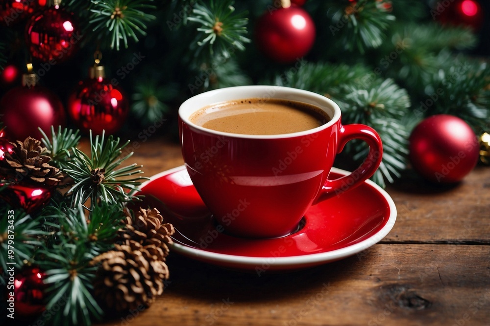 Red Christmas Coffee Mug Next to a Sparkling Christmas Tree Red Christmas Coffee Mug Next to a Sparkling Christmas Tree