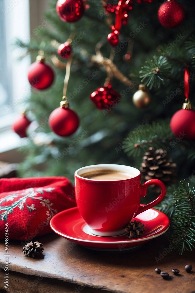 Red Christmas Coffee Mug Next to a Sparkling Christmas Tree Red Christmas Coffee Mug Next to a Sparkling Christmas Tree