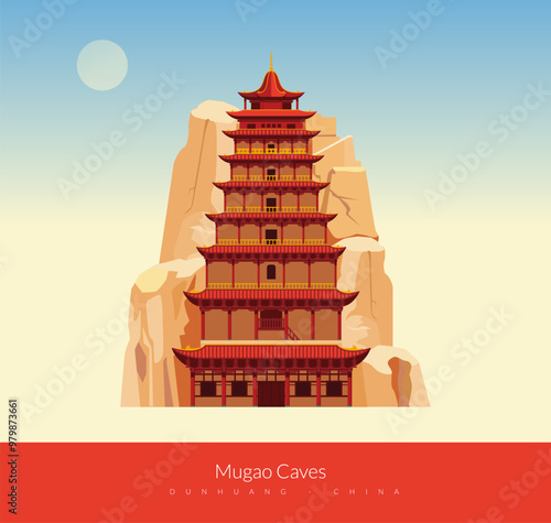 The Mogao Caves - the Thousand Buddha Grottoes - Dunghuang, Gansu in China - Stock Illustration