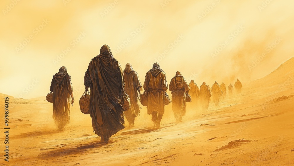 Fototapeta premium The Fall of Jerusalem and the Exile: Bible Wall Art Depicting Exiles on a Dusty Road to Babylon, Biblical Illustration on Beige Background