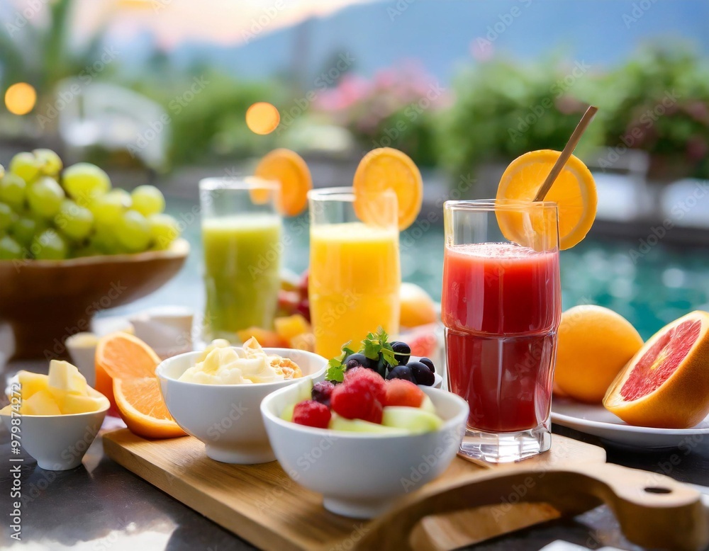 Invigorating breakfast juices with depth of field highlighting fresh fruits and nutrient-rich blends Invigorating breakfast juices with depth of field highlighting fresh fruits and nutrient-rich blends