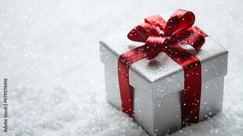 Festive Gift Box with Metallic Wrapping and Red Ribbon in Snowy Setting for Christmas Festive Gift Box with Metallic Wrapping and Red Ribbon in Snowy Setting for Christmas