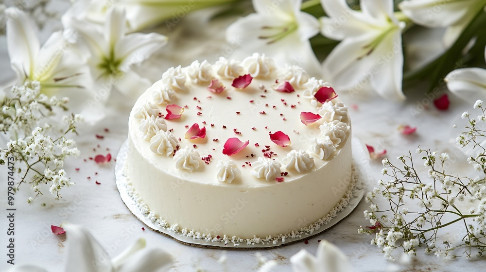 An elegant single-tier cake decorated with edible rose petals, set amidst a delicate arrangement of white lilies and baby's breath An elegant single-tier cake decorated with edible rose petals, set amidst a delicate arrangement of white lilies and baby's breath