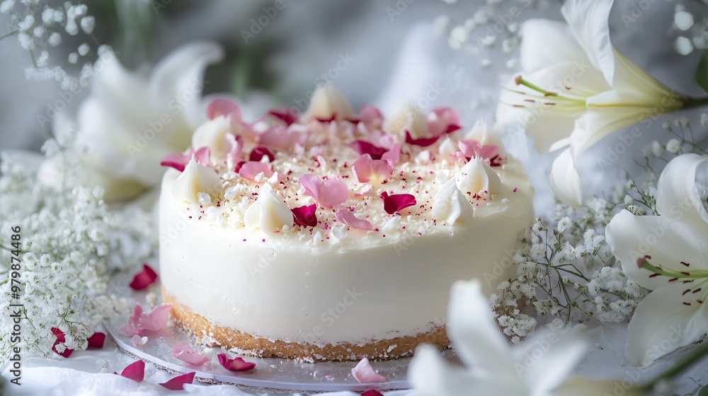 An elegant single-tier cake decorated with edible rose petals, set amidst a delicate arrangement of white lilies and baby's breath An elegant single-tier cake decorated with edible rose petals, set amidst a delicate arrangement of white lilies and baby's breath