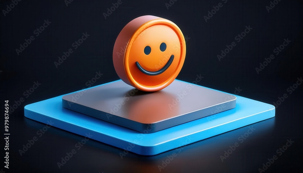 3D Glowing Smiley Face Icon on Futuristic Platform. Bright Orange and Blue Minimalist Symbol with Metallic Shine on a Dark Background, Symbolizing Positivity, Technology, and Modern Digital Aesthetic 3D Glowing Smiley Face Icon on Futuristic Platform. Bright Orange and Blue Minimalist Symbol with Metallic Shine on a Dark Background, Symbolizing Positivity, Technology, and Modern Digital Aesthetic