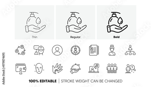 Search employee, Cv documents and Headhunting line icons. Pack of Health skin, Music, Social responsibility icon. Wallet, Builder warning, Friendship pictogram. Doctor, Restaurant food. Vector