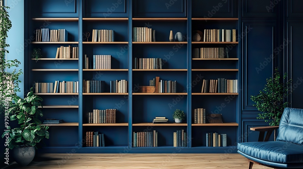 © allinone - Two-tone contemporary bookshelf with a mix of open and closed storage spaces, set against a deep blue accent wall.