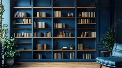 Two-tone contemporary bookshelf with a mix of open and closed storage spaces, set against a deep blue accent wall.