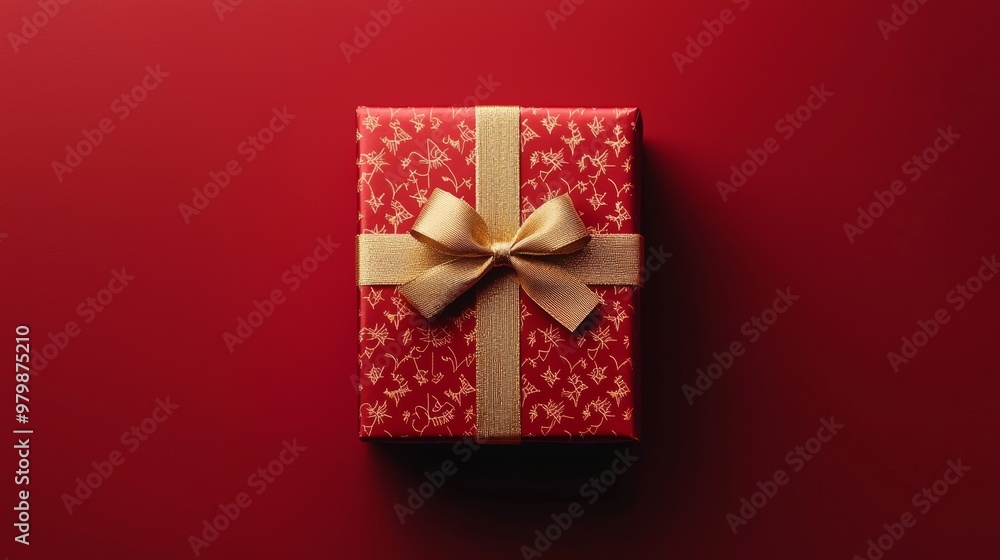 Elegant Christmas Gift Box with Gold Bow on Red Background - Holiday Design for Cards, Posters, and Prints Elegant Christmas Gift Box with Gold Bow on Red Background - Holiday Design for Cards, Posters, and Prints
