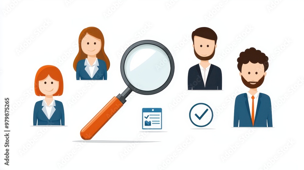 Diverse Human Resource Icons with Magnifying Glass for Customer Service Selection Diverse Human Resource Icons with Magnifying Glass for Customer Service Selection