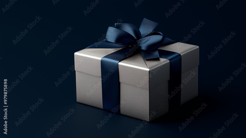 Elegant Silver Gift Box with Blue Ribbon on Dark Background - Perfect for Celebrations and Decor Elegant Silver Gift Box with Blue Ribbon on Dark Background - Perfect for Celebrations and Decor