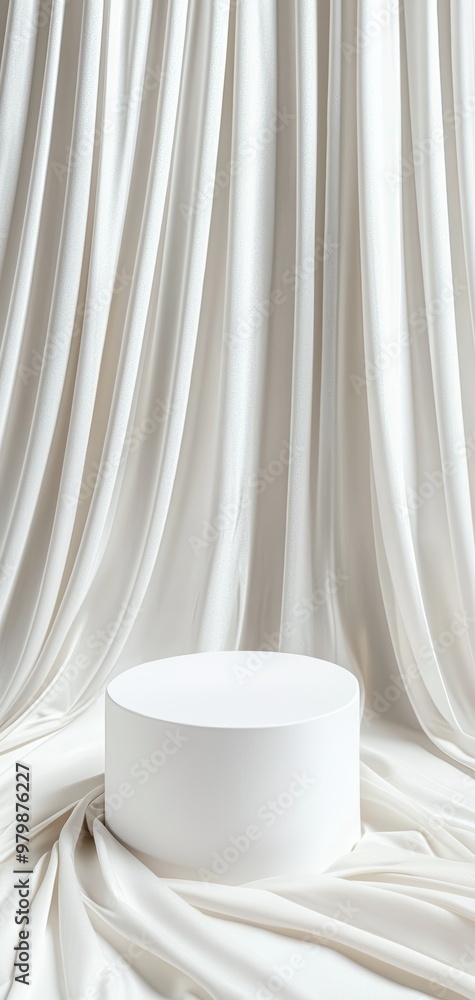 A simple white podium in the center of soft, flowing fabric, creating an elegant and timeless atmosphere for premium product photography. A simple white podium in the center of soft, flowing fabric, creating an elegant and timeless atmosphere for premium product photography.