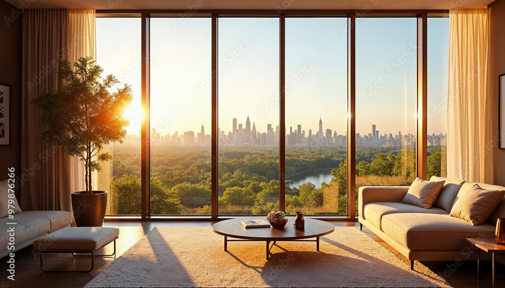 Fototapeta premium Elegant room with floor-to-ceiling window showcasing Central Park’s lush greenery.