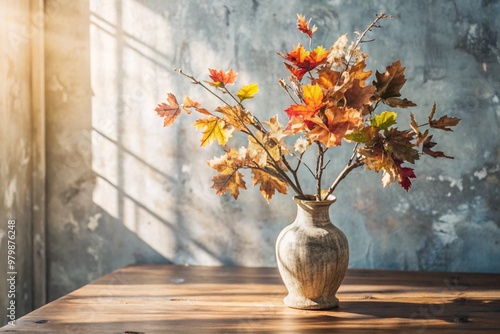 Branches with golden autumn leaves in a ceramic vase on a wooden table by the window. The concept of home comfort. Autumn decor for Halloween.