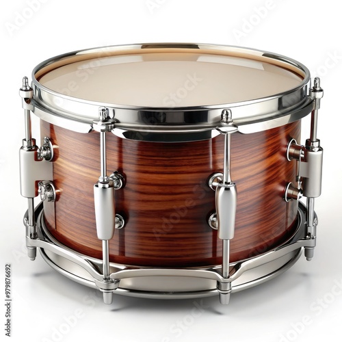 Drum on a white background showcasing its fine wood finish and metal hardware. Generative AI photo