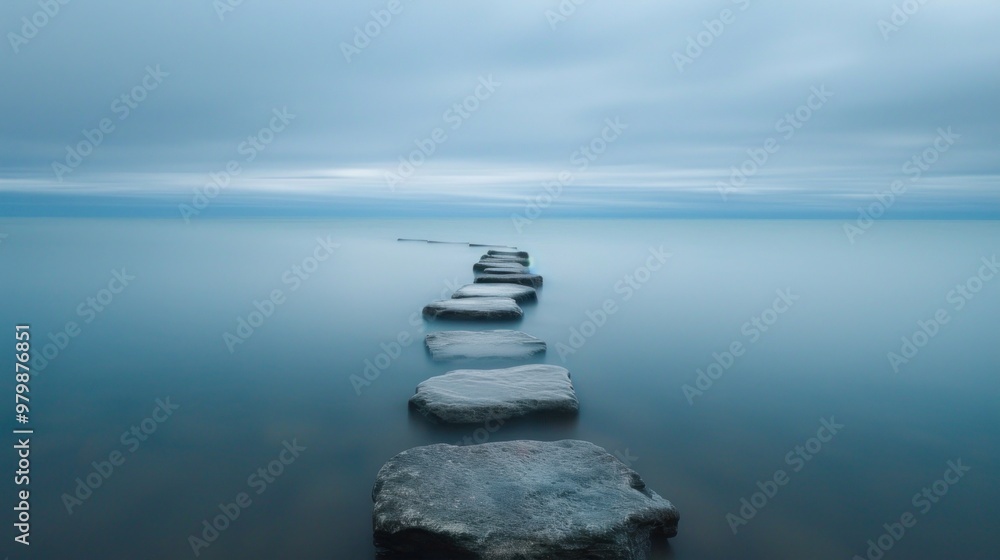 A series of rocks are floating in the water, creating a path across the ocean A series of rocks are floating in the water, creating a path across the ocean