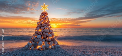 Seashell Christmas tree on a beach at sunset with a glowing star on top.