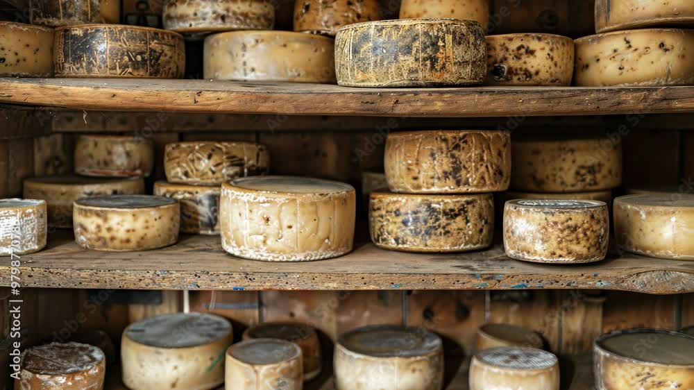 Exploring a rustic cheese cellar filled with artisanal cheeses in an old farmhouse Exploring a rustic cheese cellar filled with artisanal cheeses in an old farmhouse
