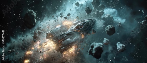 Fototapeta Naklejka Na Ścianę i Meble -  Futuristic spaceship navigating through an asteroid field in deep outer space, showcasing advanced technology and interstellar adventure.