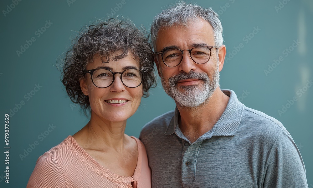 Middle-aged couple standing side by side smiling with contentment and joy in a serene setting with green background Middle-aged couple standing side by side smiling with contentment and joy in a serene setting with green background