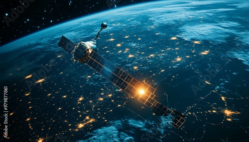 Futuristic telecom satellite orbiting earth with holographic data for global internet and gps