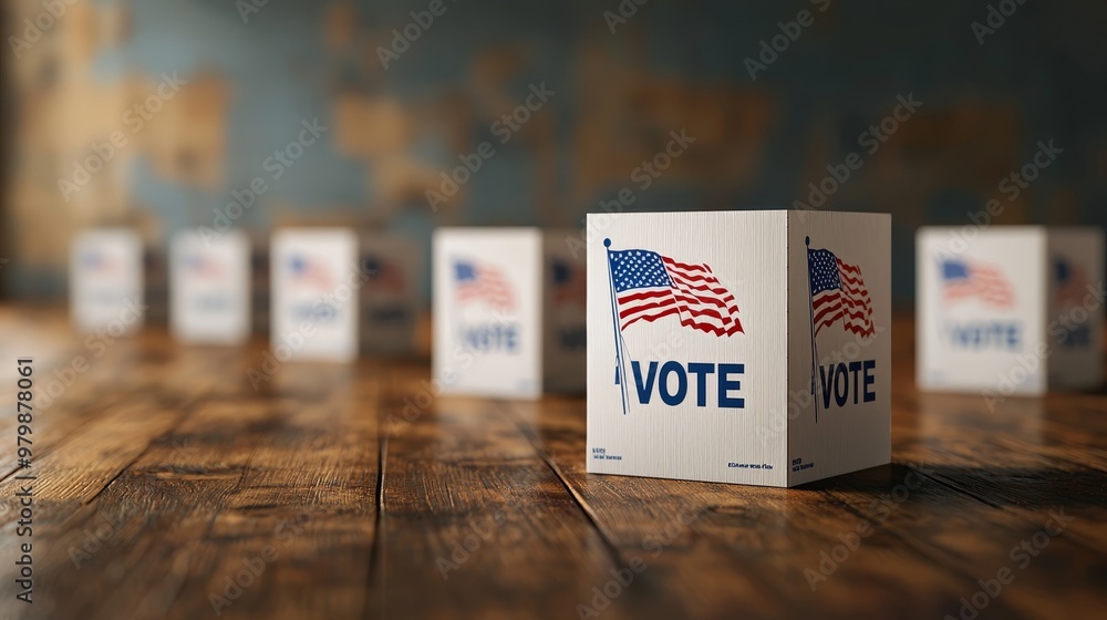 Fototapeta premium American Flag Vote Boxes on Rustic Wood Table with Shallow Focus