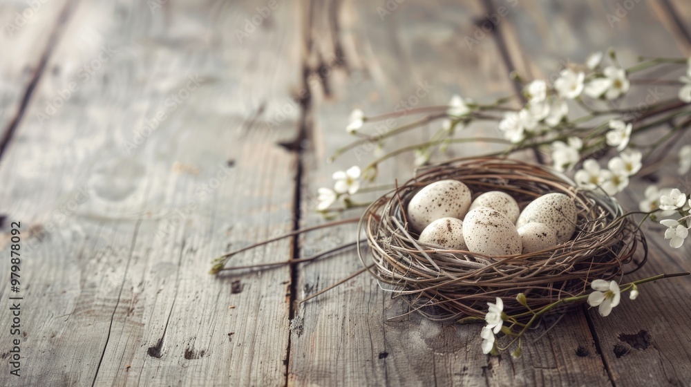 Easter Table Decoration with Carved Egg in Nest on Wood Background Spring Holiday Theme Easter Table Decoration with Carved Egg in Nest on Wood Background Spring Holiday Theme