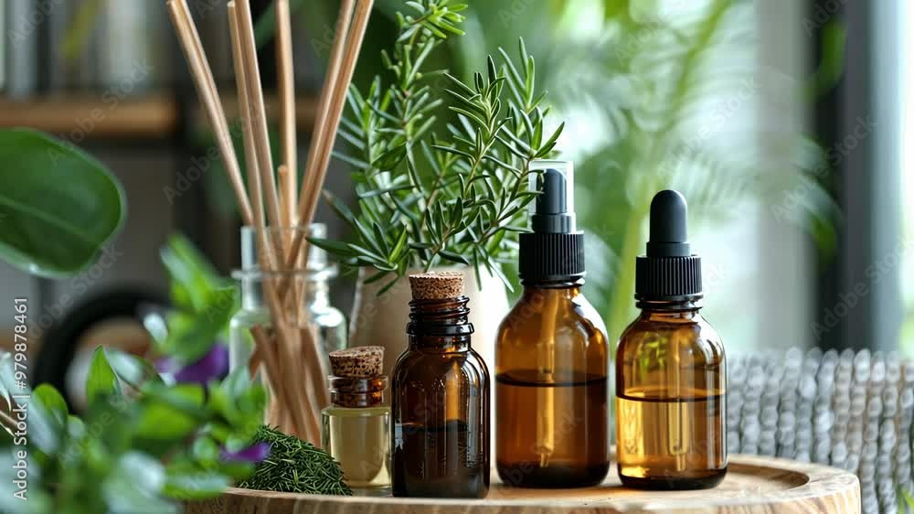 Discover the art of essential oil blending and natural aroma crafting at a serene workshop in a lush indoor garden setting Discover the art of essential oil blending and natural aroma crafting at a serene workshop in a lush indoor garden setting