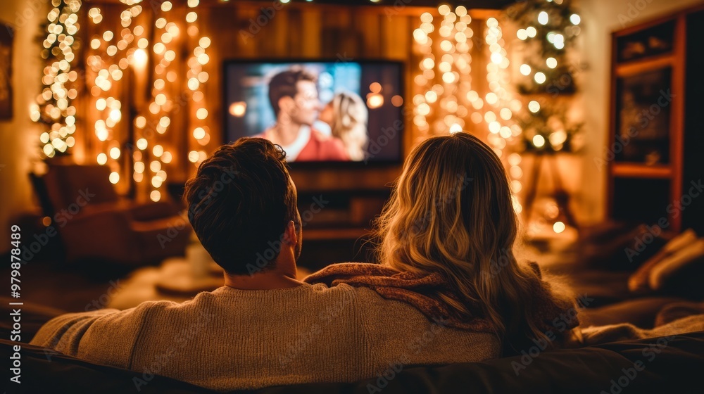 Couple is sitting on a sofa, enjoying a romantic movie night in their cozy living room decorated with warm string lights