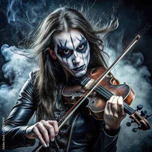 Black metalhead with face makeup playing violin in moody atmosphere. Generative AI