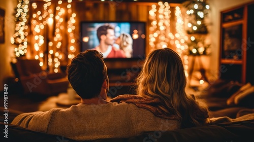 Obraz na płótnie Couple is sitting on a sofa, enjoying a romantic movie night in their cozy living room decorated with warm string lights w salonie