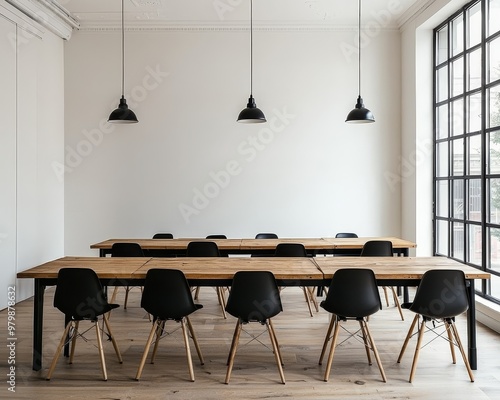 Empty Chairs Rustic Tables and Industrial Windows A Study in Minimalist Design photo