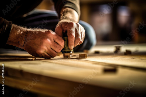 Carpenter measuring wooden pieces carefully on a workshop table during the day for a furniture project. Generative AI