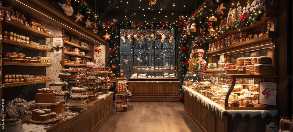 A charming, empty Christmas bakery, with shelves lined with holiday cookies, cakes, and gingerbread houses A charming, empty Christmas bakery, with shelves lined with holiday cookies, cakes, and gingerbread houses
