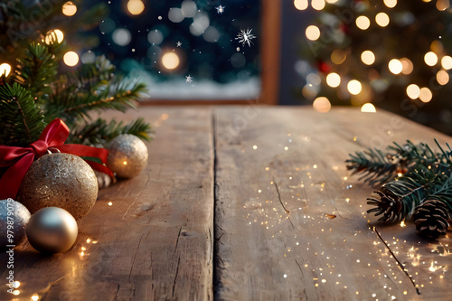 Empty wooden table, balls, christmas tree, lights on background, blurred bokeh. Christmas mock up banner to display, advertise product, promotion sale, presentation. New year, winter backgrounds.