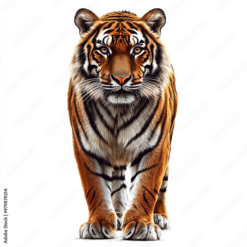 Majestic tiger walking forward with striking features, showcasing beauty and power in this captivating wildlife portrait, white background Majestic tiger walking forward with striking features, showcasing beauty and power in this captivating wildlife portrait, white background