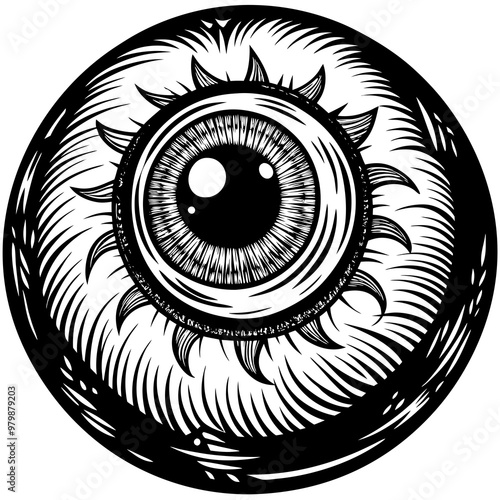 A black and white drawing of an eye with a sun in the background. The eye is large and has a bright, glowing look to it. The sun is positioned above the eye, creating a sense of depth and dimension
