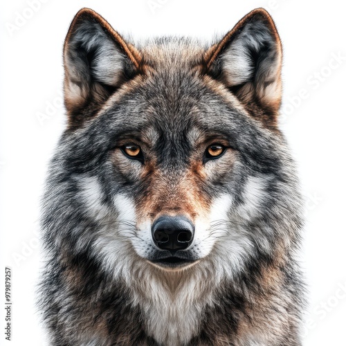 A captivating portrait of a wolf showcasing its piercing gaze and detailed fur texture against white background