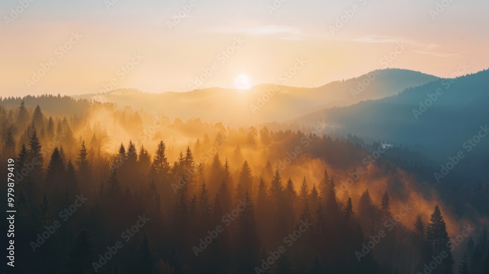 The sun is shining brightly on a mountain range, creating a warm