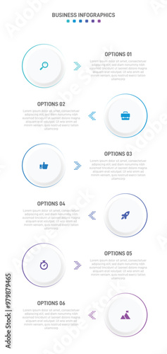 Vertical progress bar featuring 6 arrow-shaped elements, symbolizing the six stages of business strategy and progression. Clean timeline infographic design template. Vector for mobile presentation.