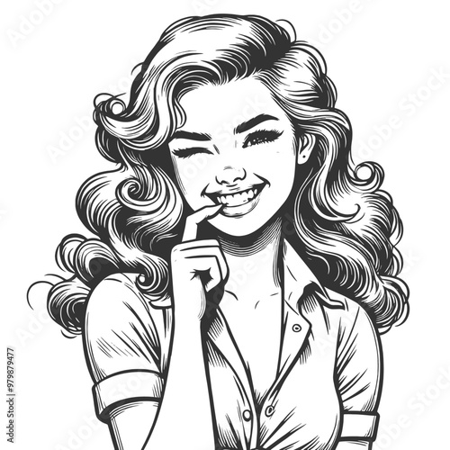 Playful smiling beautiful young woman flirty biting her finger sketch engraving generative ai fictional character vector illustration. Scratch board imitation. Black and white image.