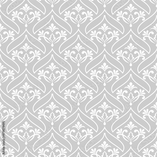 Floral geometric seamless pattern. Gray and white ornament. Fabric for ornament, wallpaper, packaging, vector background