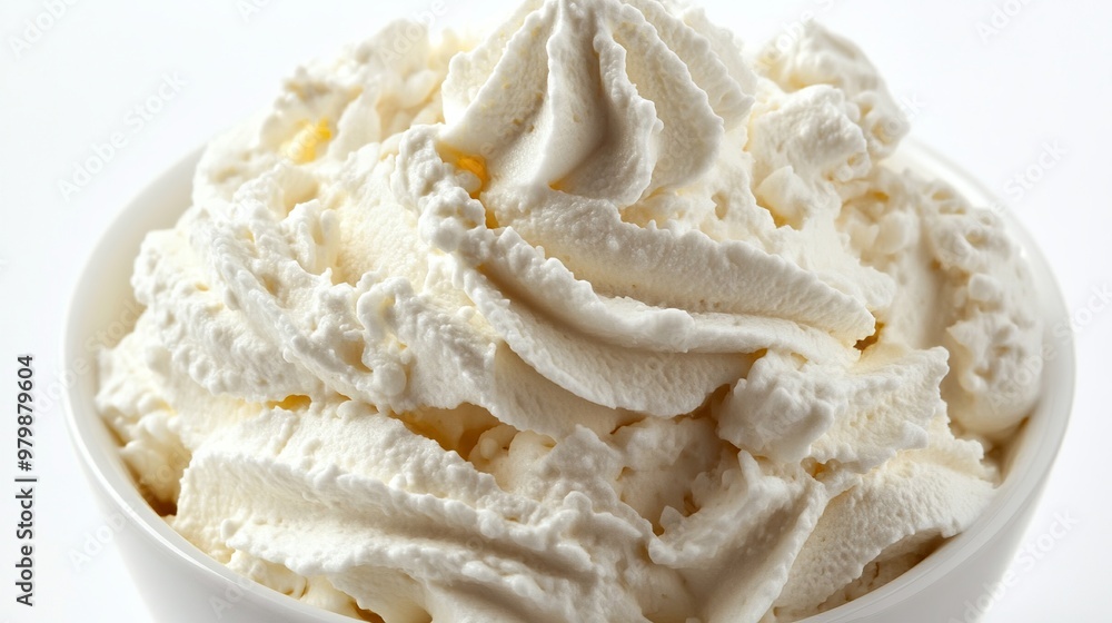 A delectable bowl of whipped cream, a fluffy cloud of creamy delight, isolated against a pristine white background. Its ethereal texture, light and airy, promises a delightful treat A delectable bowl of whipped cream, a fluffy cloud of creamy delight, isolated against a pristine white background. Its ethereal texture, light and airy, promises a delightful treat