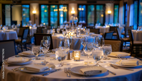 Elegant corporate event venue with sophisticated table settings and ambient lighting, highlighting a professional and upscale atmosphere