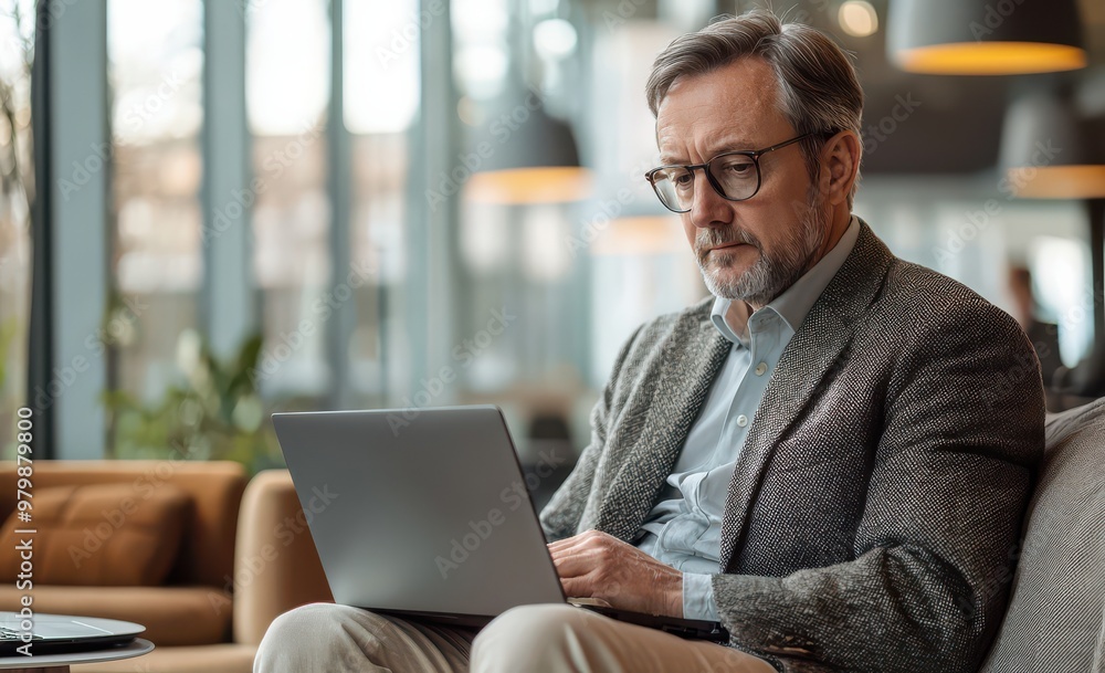 Middle-aged man wearing glasses working on laptop in modern office lounge with a focused expression Middle-aged man wearing glasses working on laptop in modern office lounge with a focused expression