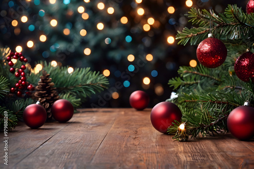 Empty wooden table, cones, ball christmas tree, lights on background, blurred bokeh. Christmas mock up banner to display, advertise product, promotion sale, presentation. New year, winter backgrounds.