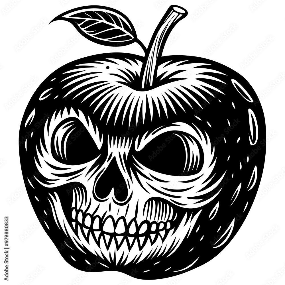 A skull is on top of an apple. The skull has a menacing look and the apple is surrounded by a leaf A skull is on top of an apple. The skull has a menacing look and the apple is surrounded by a leaf