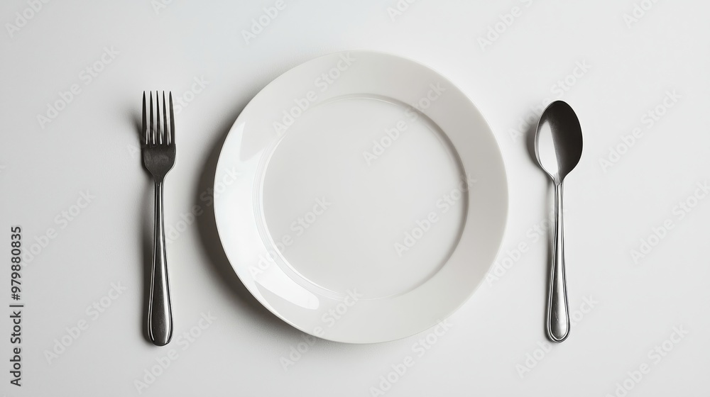 Top View Minimalism of an Empty Plate Setting on White Top View Minimalism of an Empty Plate Setting on White