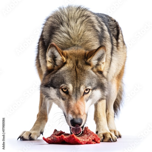 Wolf consuming raw meat in a controlled environment during daylight hours. Generative AI